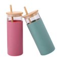 thumbnail image 1 of 2-pack Bamboo Lid Glasses W/ Bamboo Straws Glass Powder Green N, 1 of 3