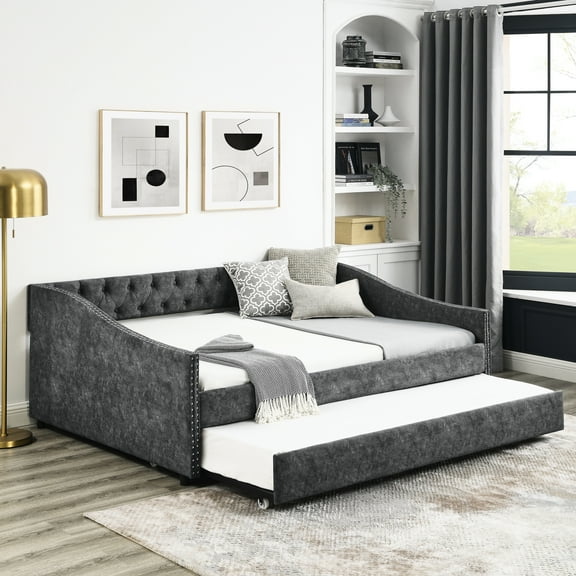Comfortable Upholstered Daybed With Twin Trundle, Grey Fabric, Button , Storage Space Full Size In Grey, Foam Padded Back, Extra