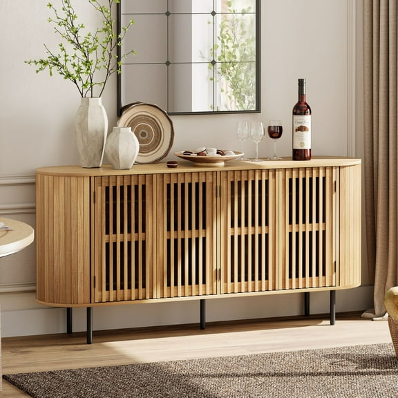 WAMPAT 64" Fluted Sideboard Buffet Cabinet with 4 Pop-up Doors, Storage Cabinet with Curved Design for Kitchen Dining Room, Oak