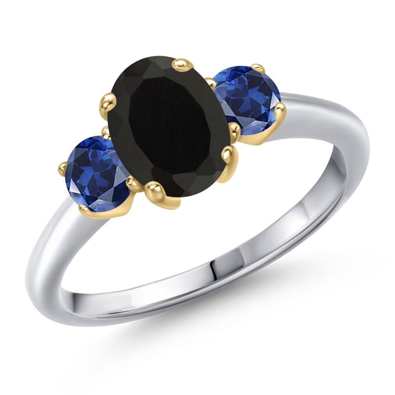 Gem Stone King 10K Two Tone Gold Black Onyx and Blue Created Sapphire Engagement Ring for Women | 2.10 Cttw | Oval 8X6MM | Gemstone December Birthstone | Size 7