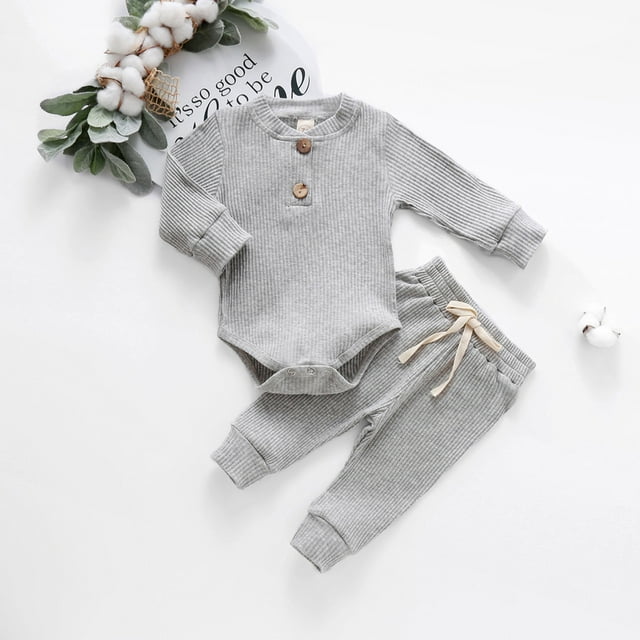DPTALR Infant Newborn Baby Girls Boys Ribbed Solid Bodysuits+Elastic Pants Outfits Set