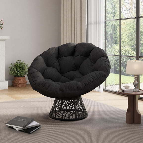 COZONY Papasan Chair with 360° Swivel Base, Oversized Wicker Lounge Chair with Thick Cushion & Steel Frame for Bedroom