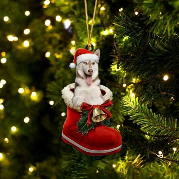 Acrylic 2D FLAT English Siberian Husky Red In Santa Boot Christmas Hanging Ornament SB065 - Holiday Tree Decoration