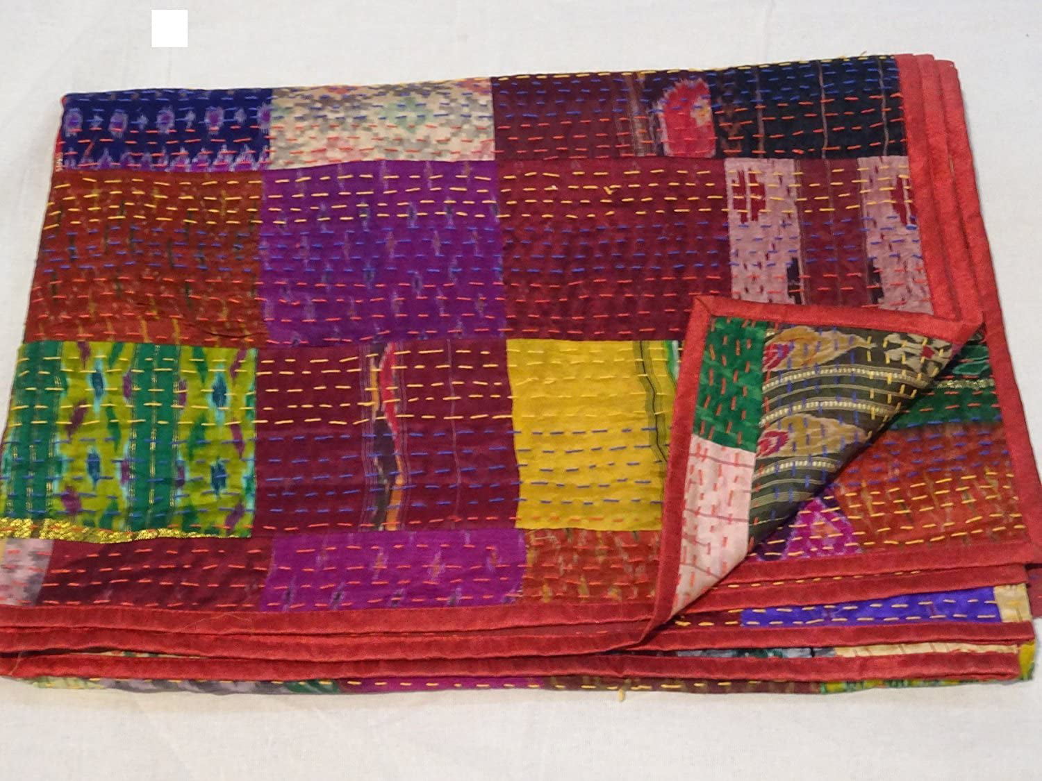 Indian Quilt Twin Vintage Quilt Old Patola Indian Silk Sari Kantha Quilted 