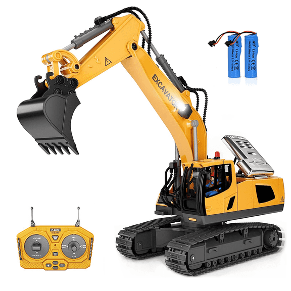 95272FUNN RC Excavator Toy 11 Channel Metal Shovel LED Lights 2.4G Remote Control Yellow 1/24 Scale for Kids 1 Pack