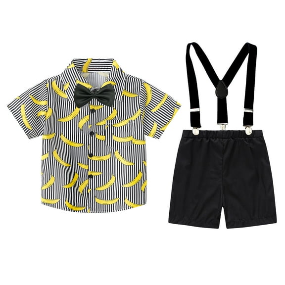 Fozruso Boys 2 Pieces Summer Outfits Toddler Boys Short Sleeve Casual Gentleman Tops Hawaii Beach Holiday Floral Shirts T Shirt Suspender Trousers Shorts Outfits,Sizes 18-24 Months(Black)