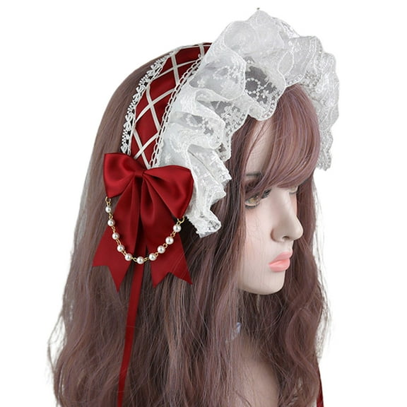 Lace Headbands Women Maid Ruffled Headdress Pearls Chain Ornaments Ribbon Bowknot Party Hair Accessories