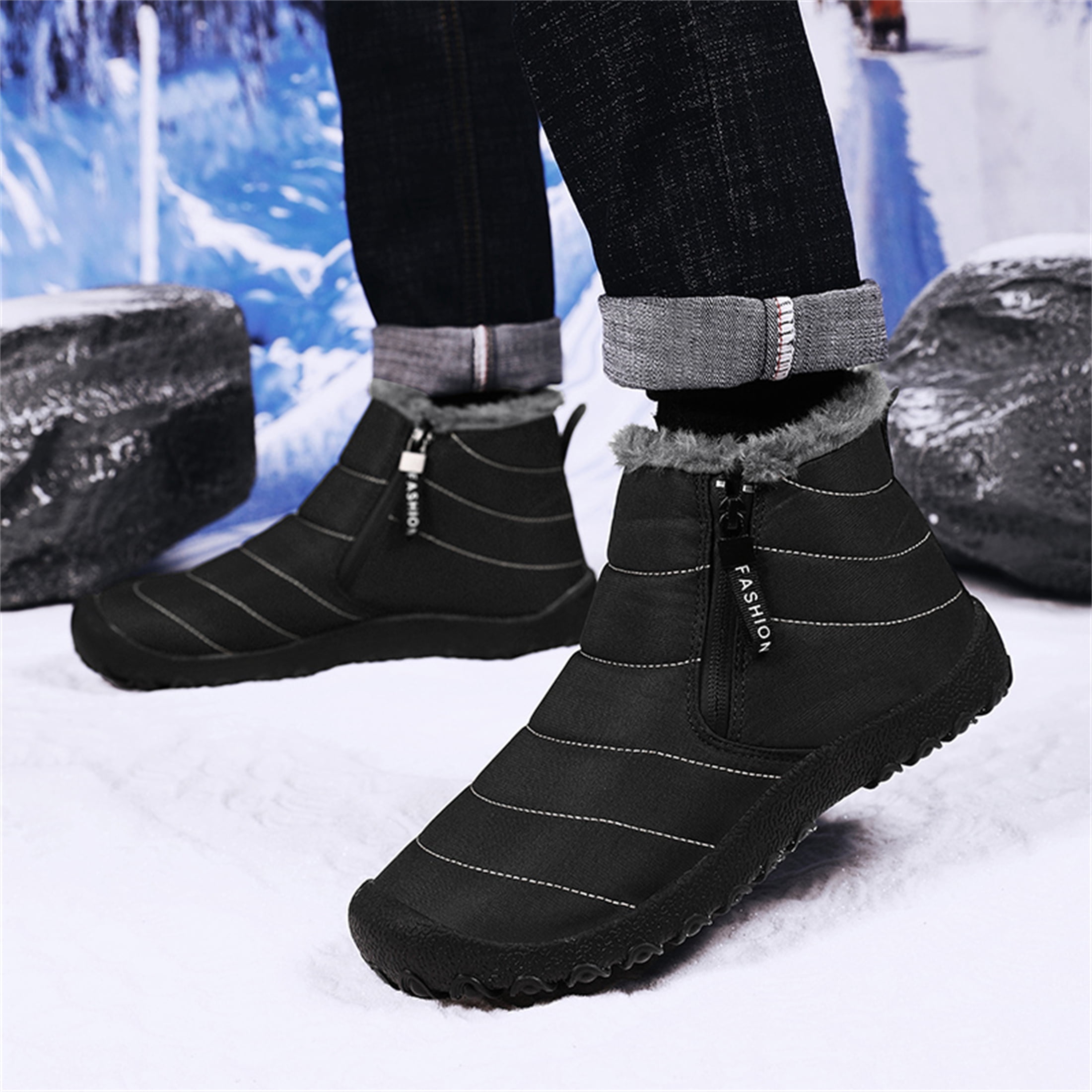 LASUDRAA Mens Barefoot Winter Boots Water-Resistant Slip-Resistant Hiking Snow Shoes Lightweight Warm Ankle-High Boots, Wide Toe Box,Trails & Everyday Wear