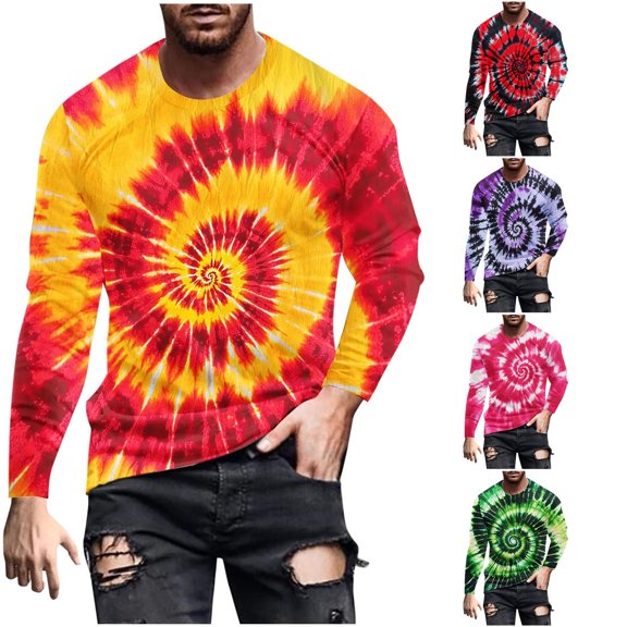 Afdoent Mens Long Sleeve T-Shirt Tie Dye Crew Neck Tee Shirts Fashion Casual Everyday Comfortable For Daily Wear