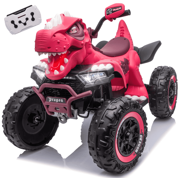 12V Dinosaur Kids Ride On Car, 2 Seater Power Ride On Toy for Kids with Remote Control, Bluetooth, USB, 4 Wheel Suspension, Dinosaur Electric Toy Car for Boys and Girls Ages 3-8, Rose Pink