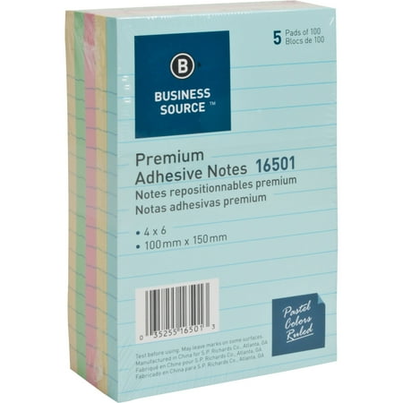 Business Source, BSN16501, Ruled Adhesive Notes, 5 / Pack, Pastel