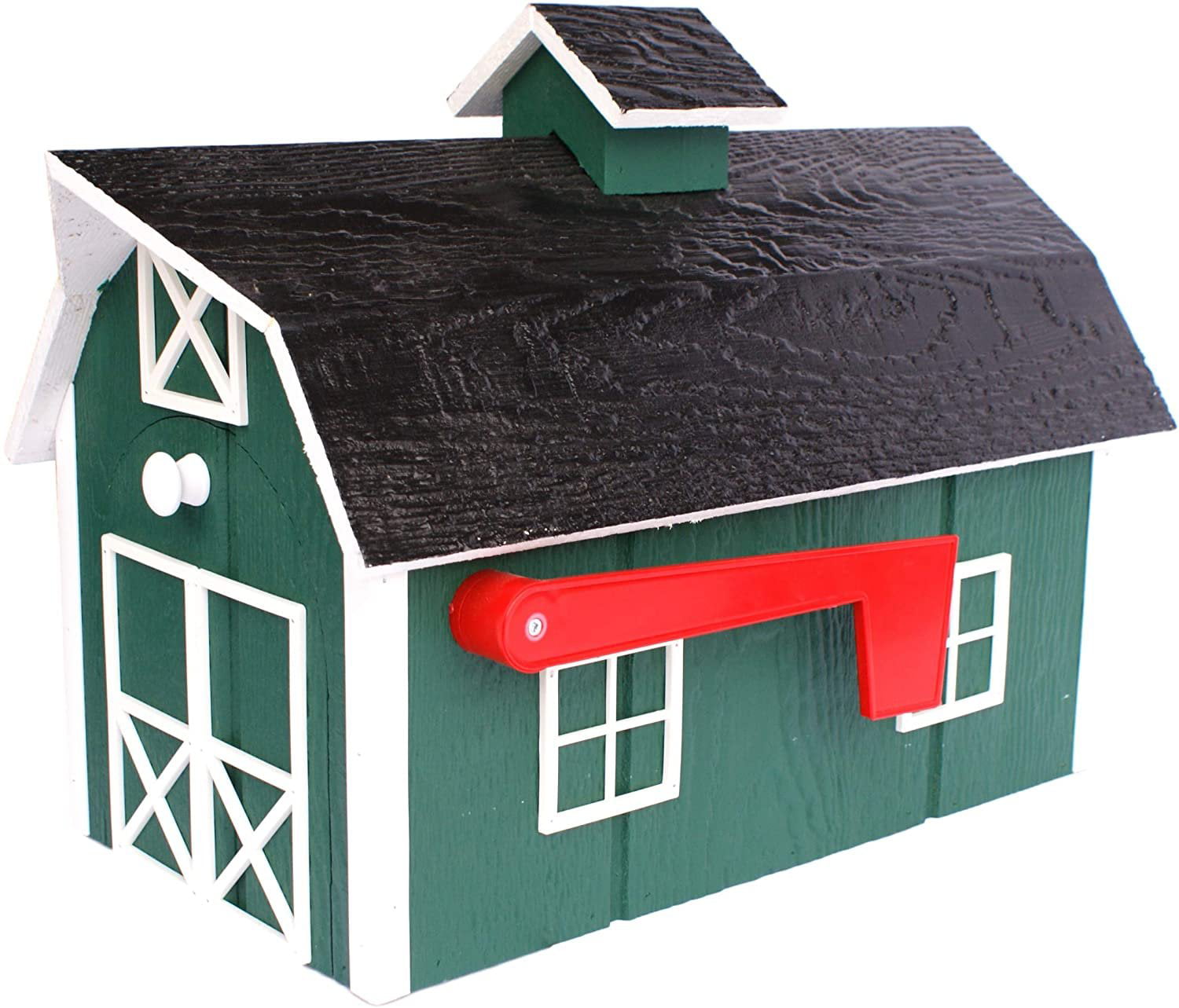 Forest Green with White Trim Painted Amish Mailbox with Cedar Roof and Windows /& Door Trim