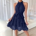 thumbnail image 2 of Women's Casual Halter Zipped Sleeveless Solid Color Dress Layered Ruffle A Line Mini Dress with Drawstring Navy, 2 of 8