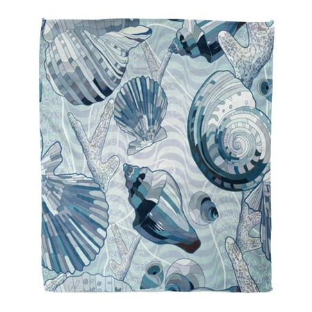Waves Outdoor Mosaic Top (ASHLEIGH Flannel Throw Blanket Blue Sea Pattern in Nautical Seashells Wave Mosaic Shell Soft for Bed Sofa and Couch 58x80)