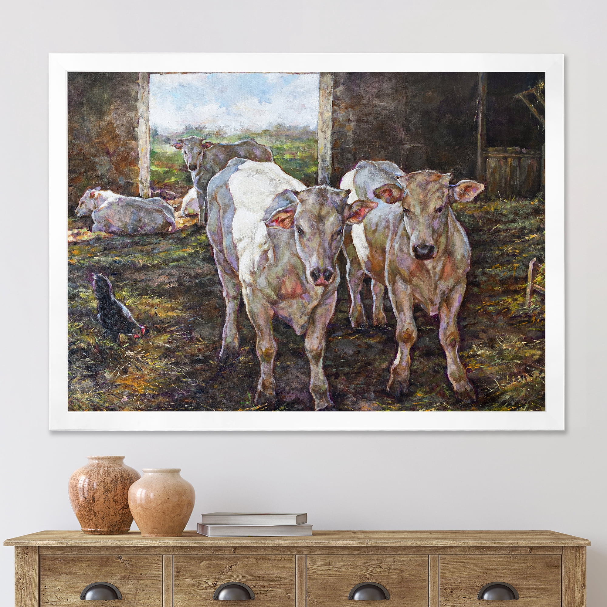 Designart 'The Cows In The Stable In Countryside' Farmhouse Framed Art Print