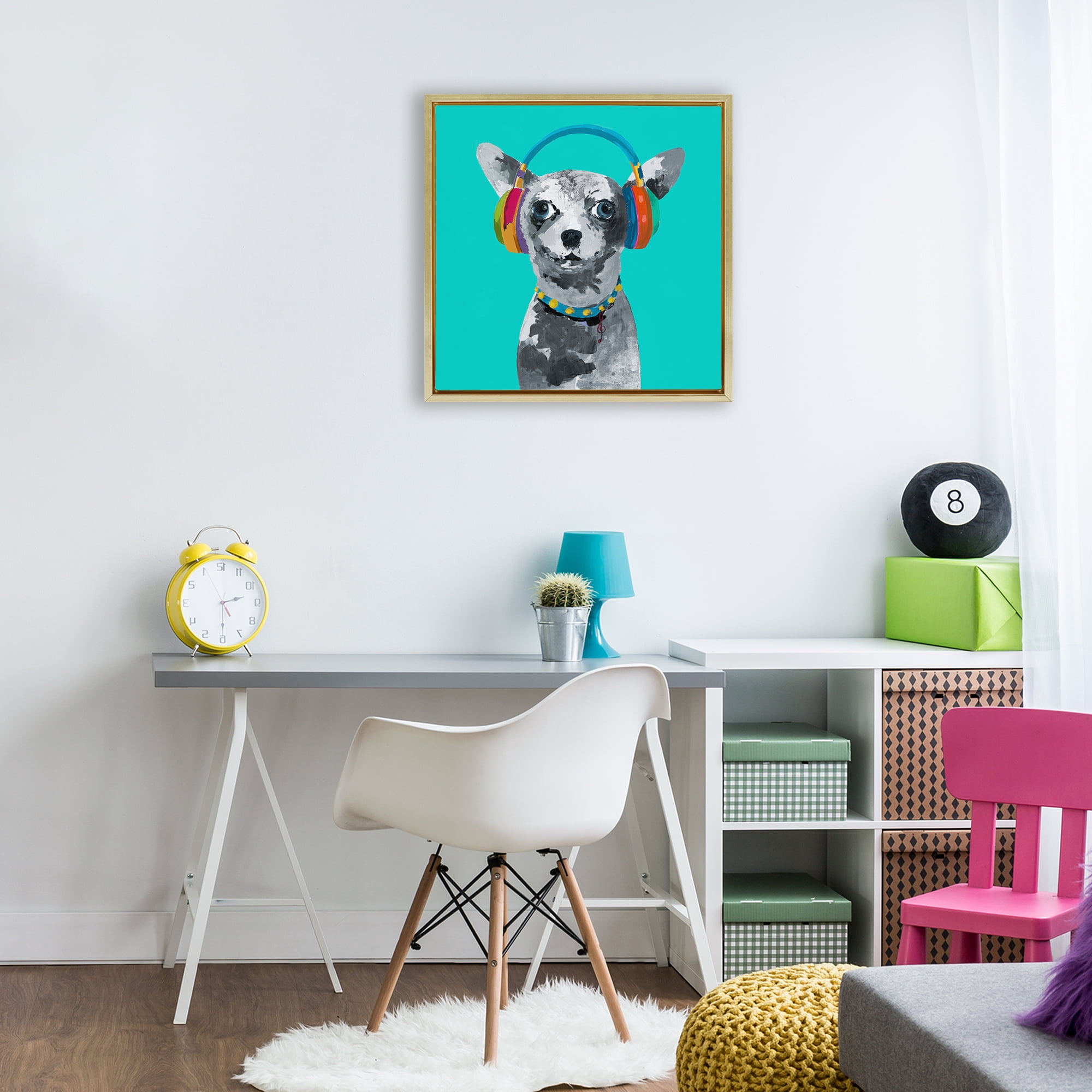 Stupell Industries Jammin' Pup on Blue Gold Framed Floater Canvas Wall Art, design by Lorenzo Collective