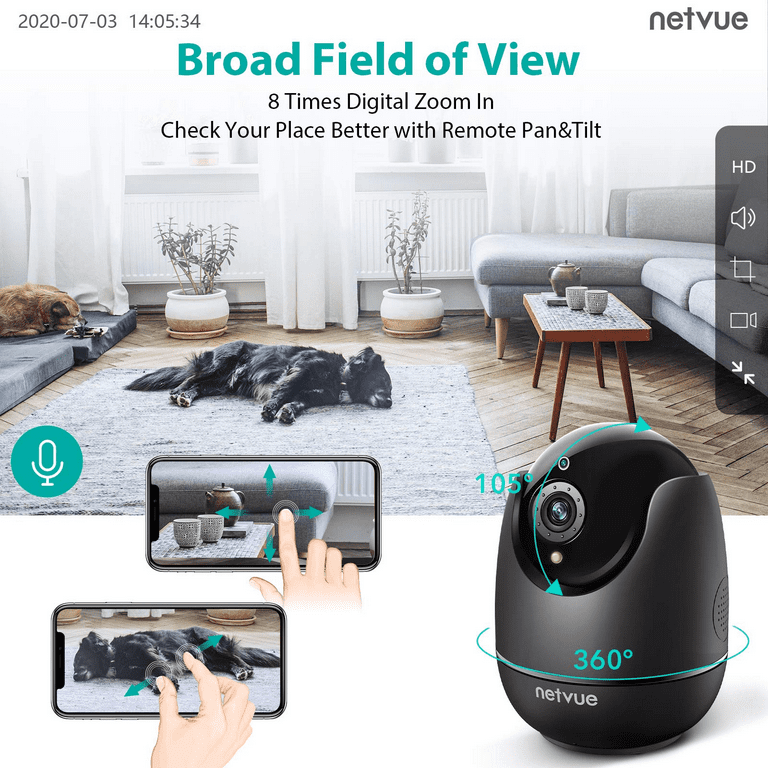 Indoor Camera Netvue Home Security Camera PTZ Surveillance WiFi Cameras Only 2.4GHz Wi Fi Black