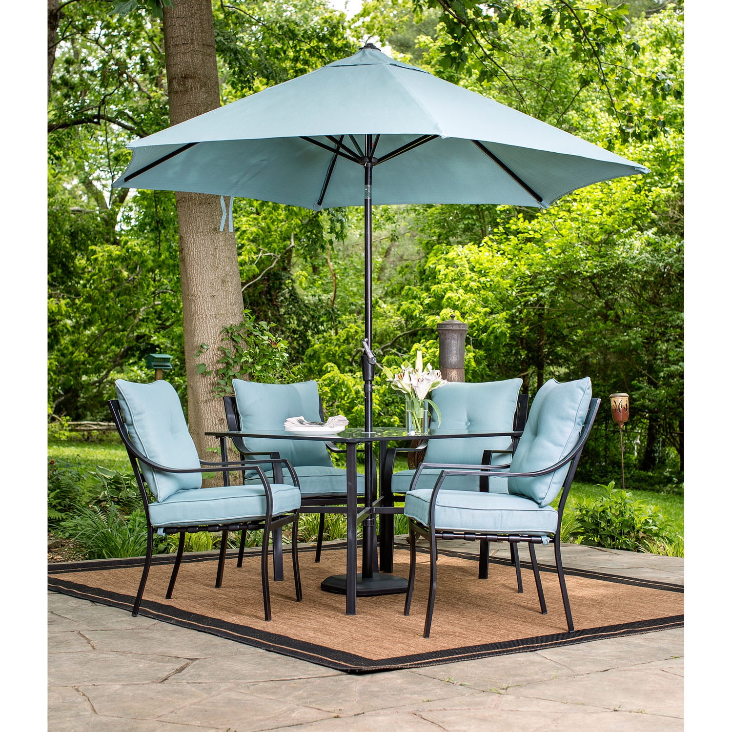 image: Hanover Lavallette 5-Piece Outdoor Dining Set and Table Umbrella with Stand