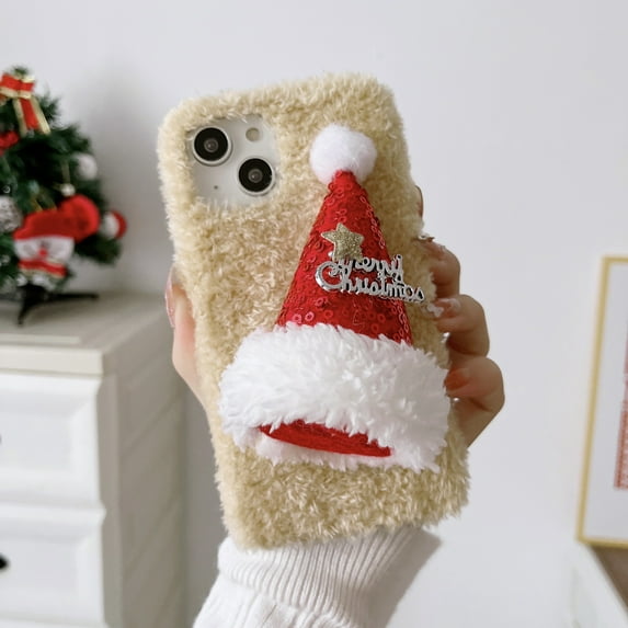 Plush Case for Apple iPhone 14 Pro, Cute 3D Christmas Hat Case Soft Faux Lambswool Cover Fashion Shockproof Cover Cartoon Case Girl Furry Phone Cover for iPhone 14 Pro, Beige
