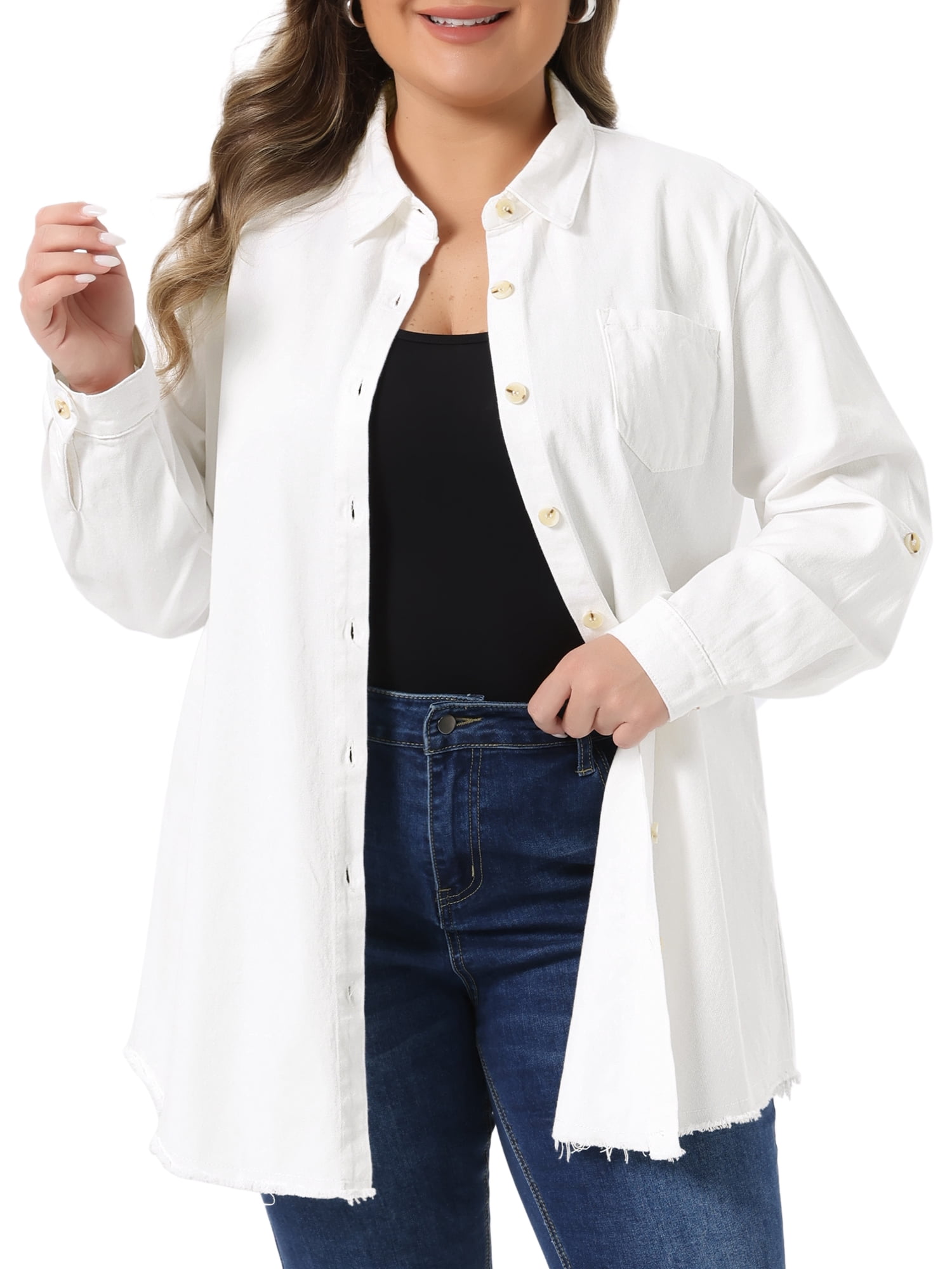DARING DIVA Women's Plus Size Chambray Top Button Down Denim Tops 2X White