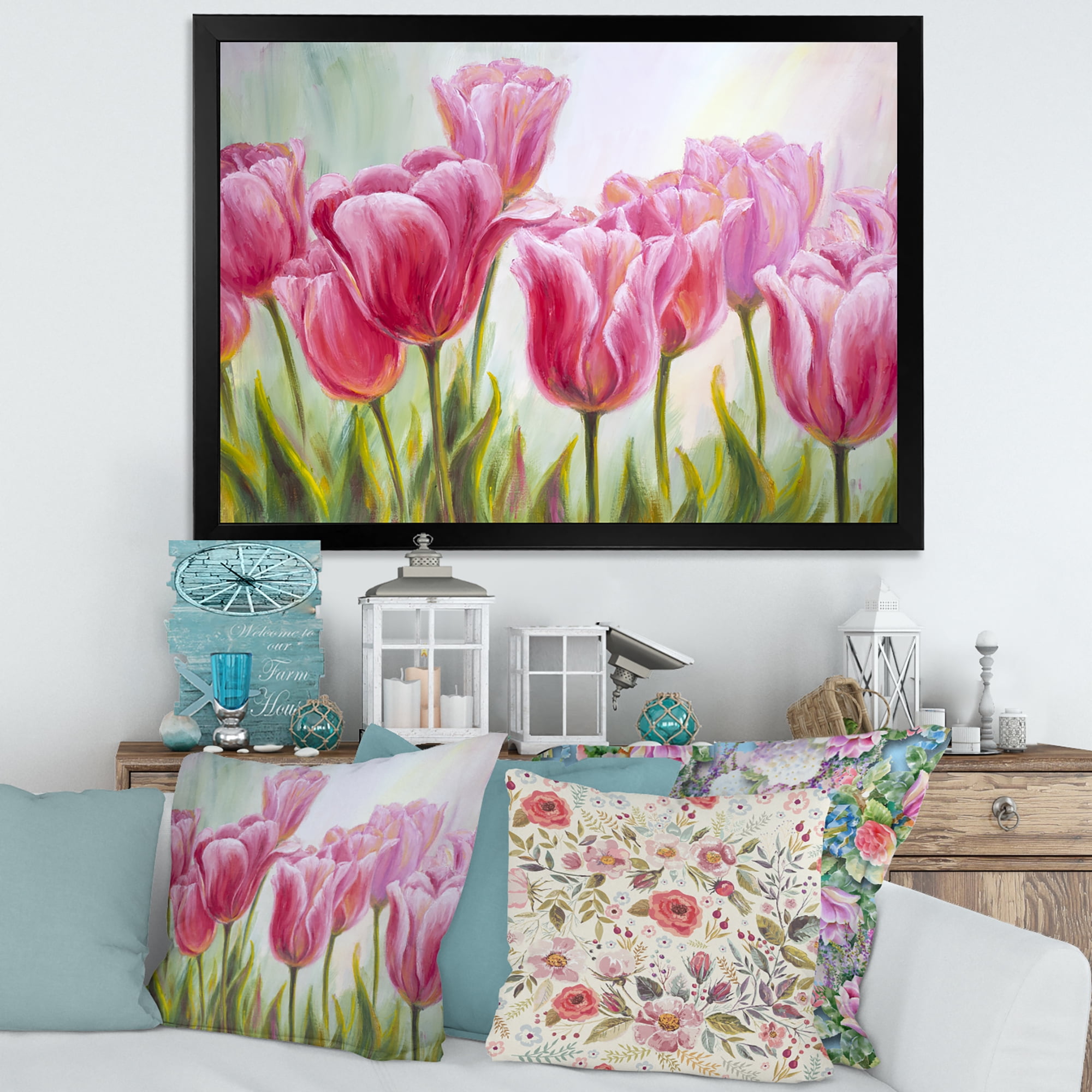 Designart 'Blossoming Red and Pink Tulips Flowers ' Traditional Framed Art Print