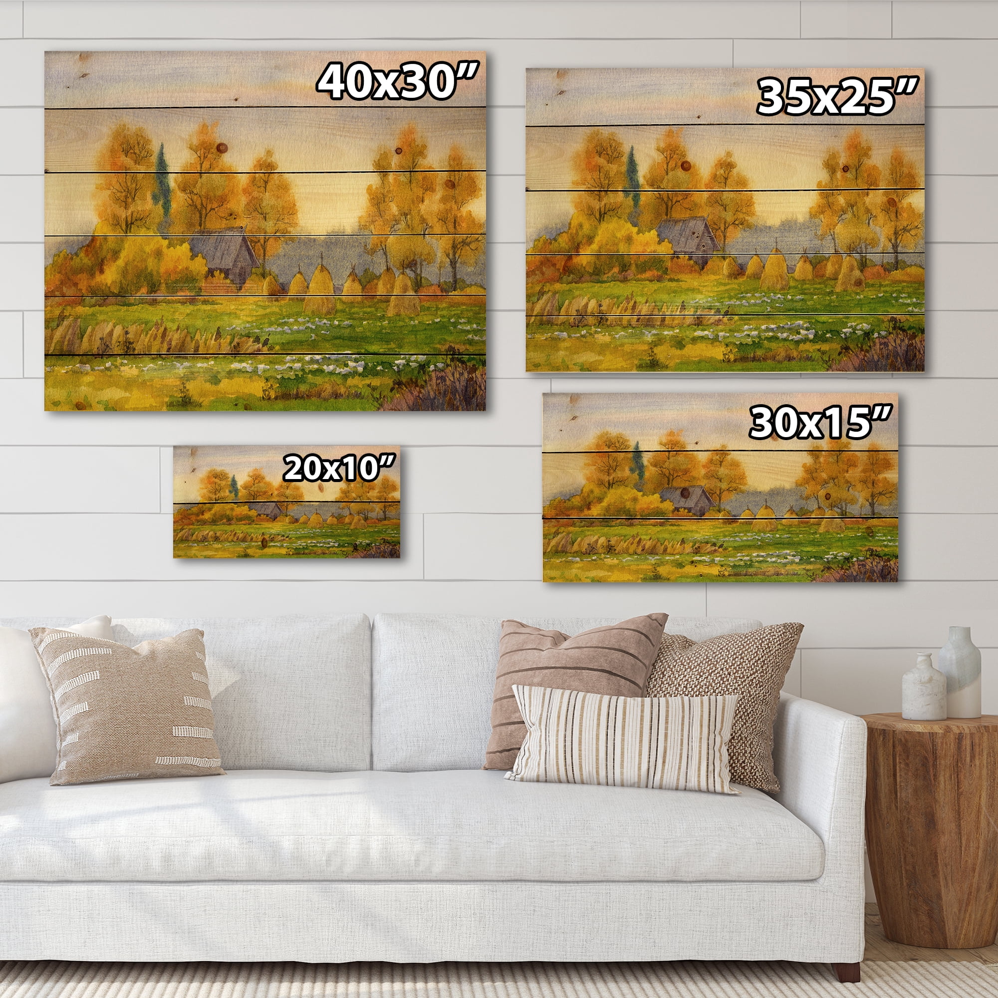 Designart 'Orange Fields With Haystacks II' Lake House Print on Natural Pine Wood