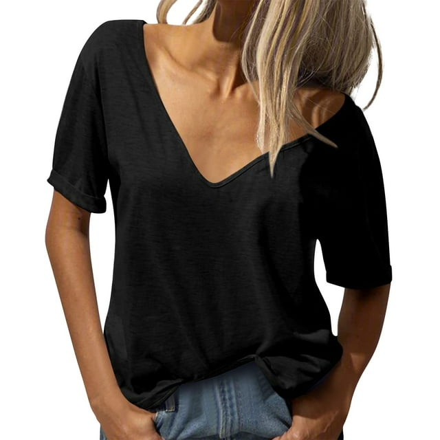 Women Blouses Casual Tops Fashion Deep V Neck Short Sleeve Solid Color Basic Tees for Ladies