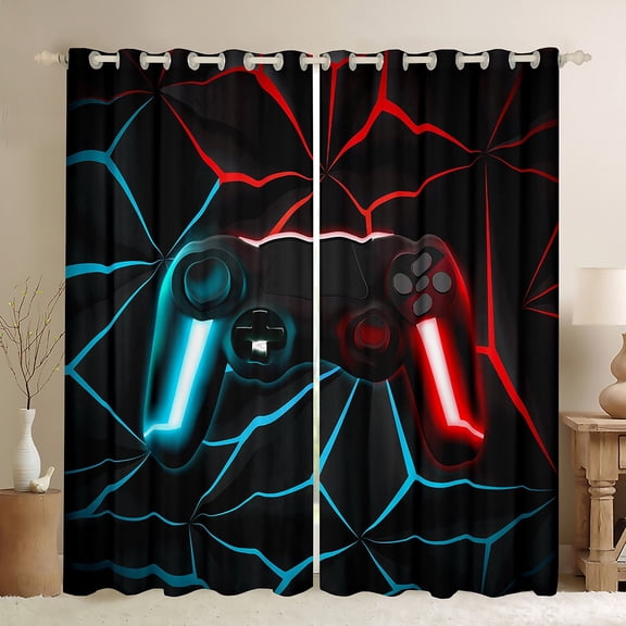 Feelyou Cartoon Game Console Black Out Curtains for Kids, Neon Glowing Honeycomb Curtains Pack of 2 (42x63 Each), Cyan Red Gaming Gamer Bedroom Curtains, Curtains and Drapes Decor