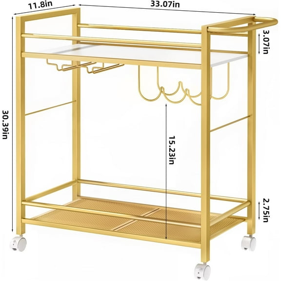2-Tier Rolling Bar Cart with Wheels, Modern Gold Beverage Cart with Storage Shelves, Wine Rack and Glass Holder for Kitchen, Dining Room & Living Room