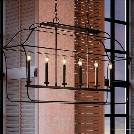 

Urban Ambiance Luxury Colonial Chandelier Large Size: 25.25 H x 48 W with Minimalist Style Elements Linear Bird Cage Design Vintage Black Finish and Exposed Bulbs UQL2323