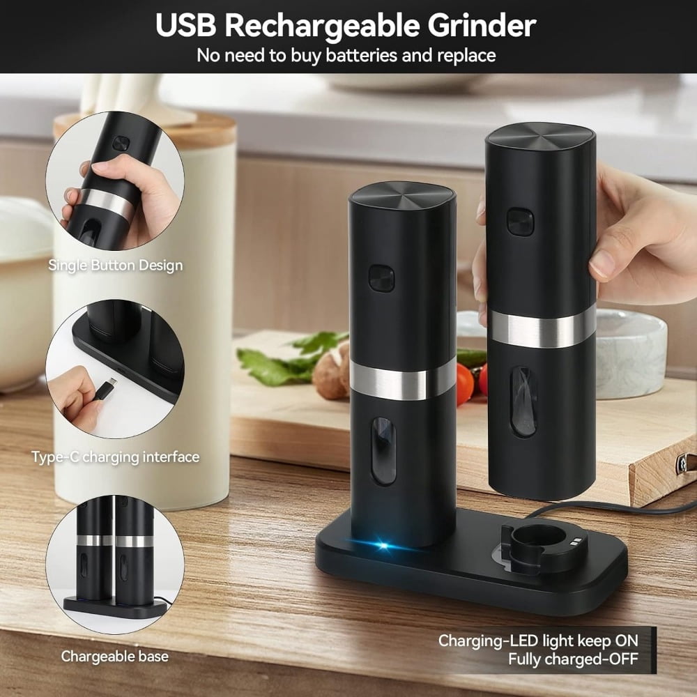 Electric Salt and Pepper Grinder Set, Automatic Salt & Pepper Mill Refillable with Rechargeable Base, USB Cables, 2 Adjustable Coarseness Mills, One Hand Operation, LED Light
