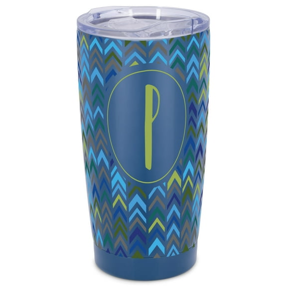 Elanze Designs P Monogram Herringbone Arrows Wrap-Around Design 20 Ounce Stainless Steel On-The-Go Coffee Mug, Thermal Travel Tumbler with Leak Resistant Slide Lid, Navy Blue