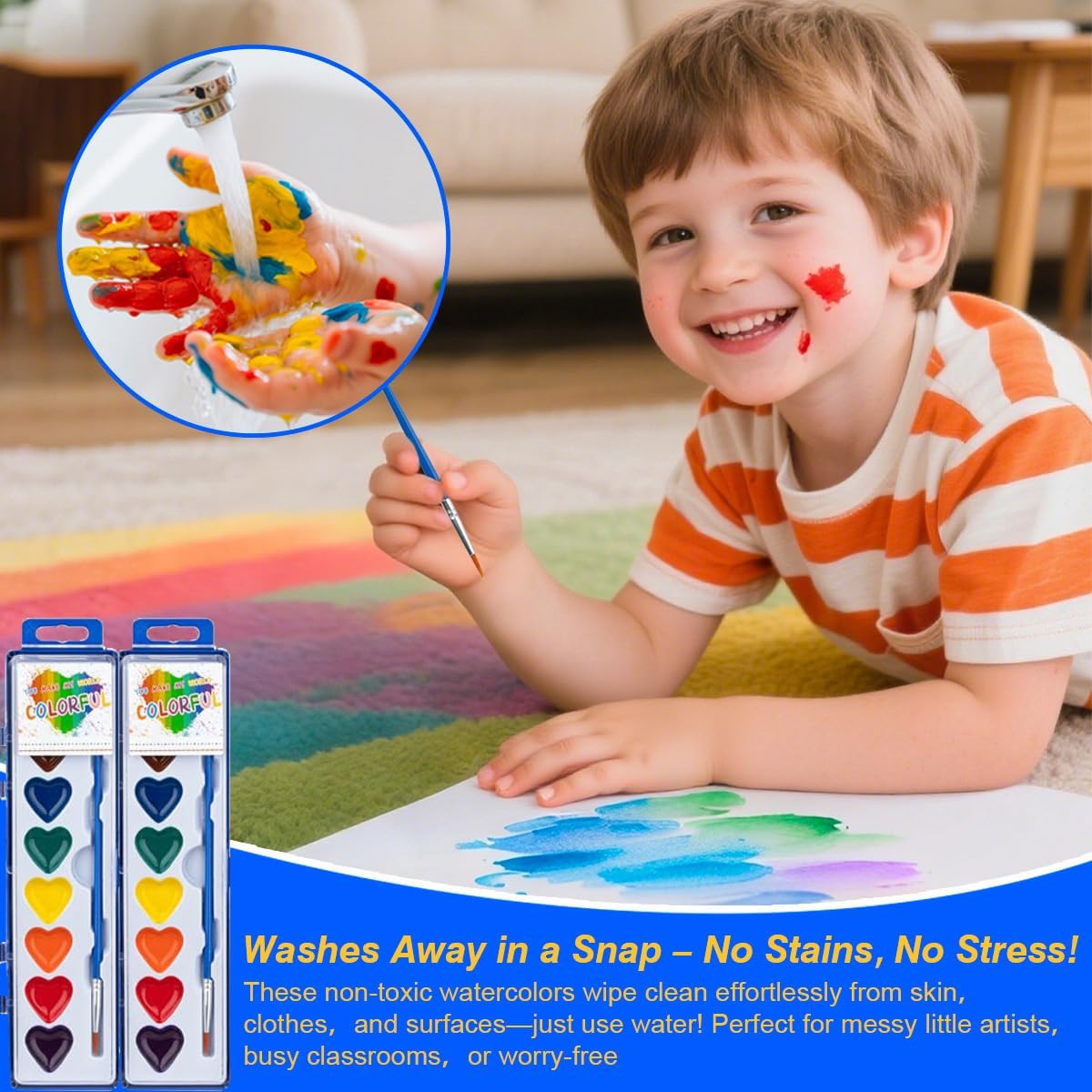 Vggrvlo 12PCS Water Color Paint Sets for Kids 16 Colors Heart Watercolor Paint Set with Paintbrush 24PCS Gift Card Valentines Gifts Art Supplies for Prescho-ol Classroom Party Favor Prizes Exchange