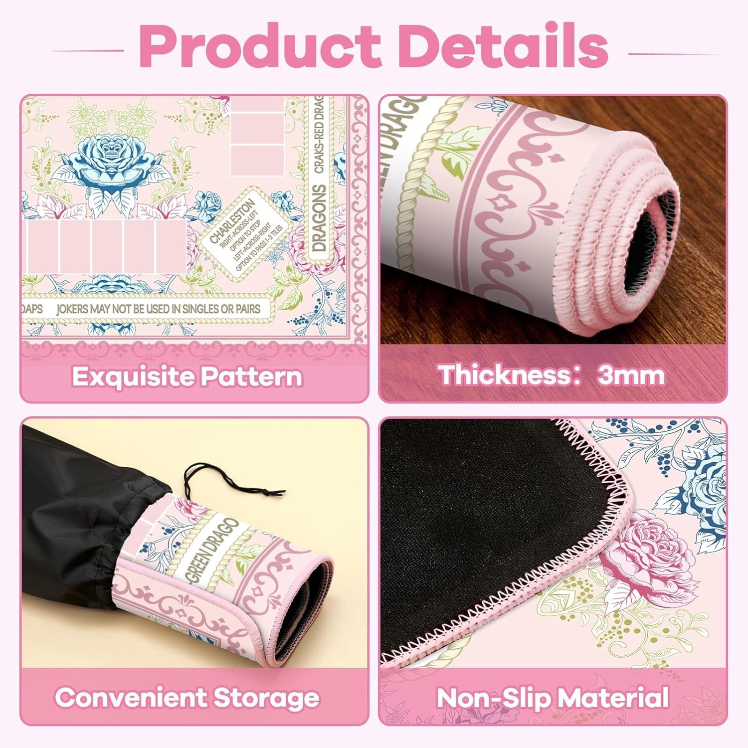 Chinoiserie Mahjong Mat with Black Carrying Bag 31.5 x 31.5 in Multi Purpose Game Table Cover Anti Slip and Noise Reduction for Mahjong Poker Board Card Dominoes Games(Pink Blue Green)