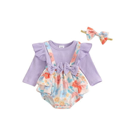 

Fanvereka Baby Girl Romper Dress Floral Bow Ruffled Ribbed Jumpsuit Headband