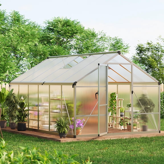 8X12 ft Greenhouse, Large Walk-in Polycarbonate Greenhouse Kit, Aluminum Frame, Lockable Door, Roof Vent, Ground Spikes, for Garden, Patio, Backyard, Outdoor Plant Growth
