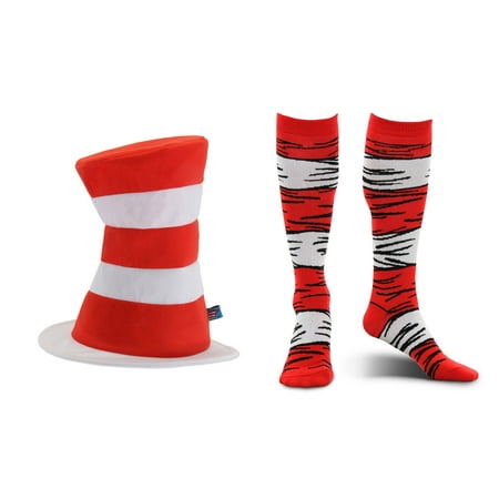 elope Dr. Seuss Cat in the Hat Tricot Plush Hat and Costume Socks Adults Kit Bundle