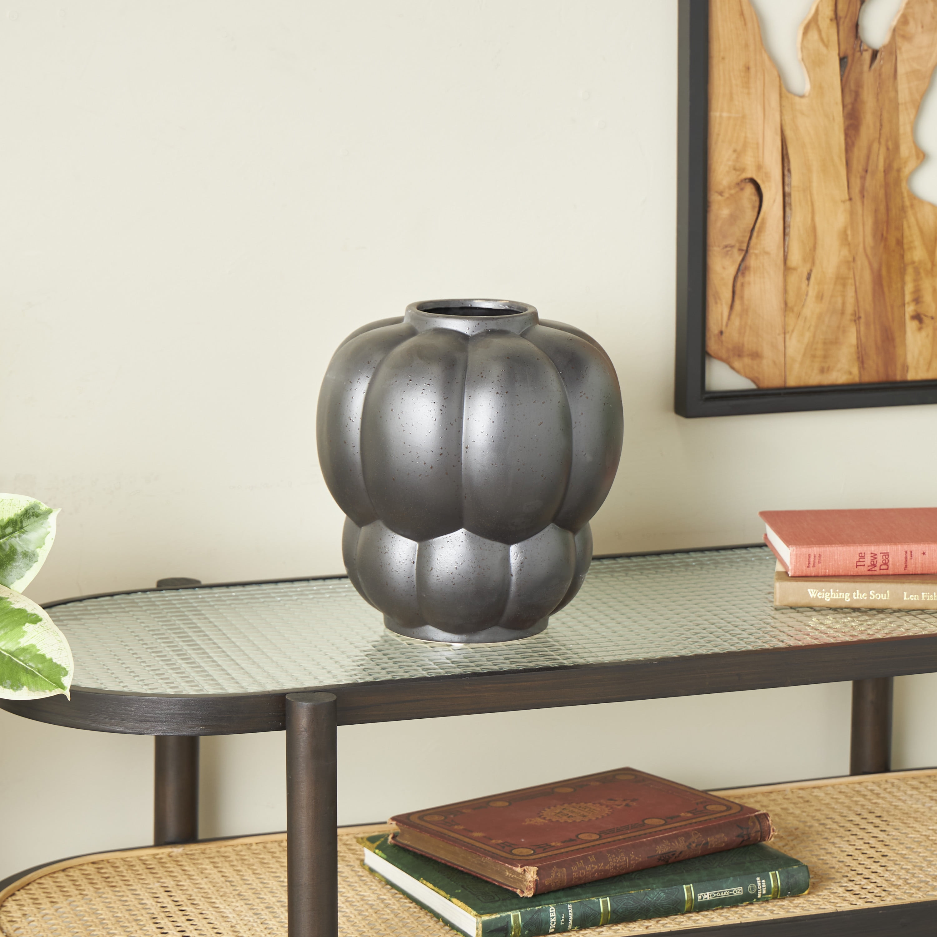 DecMode 11" Wide Bubble Inspired Black Ceramic Vase with Distressed Speckled Texturing