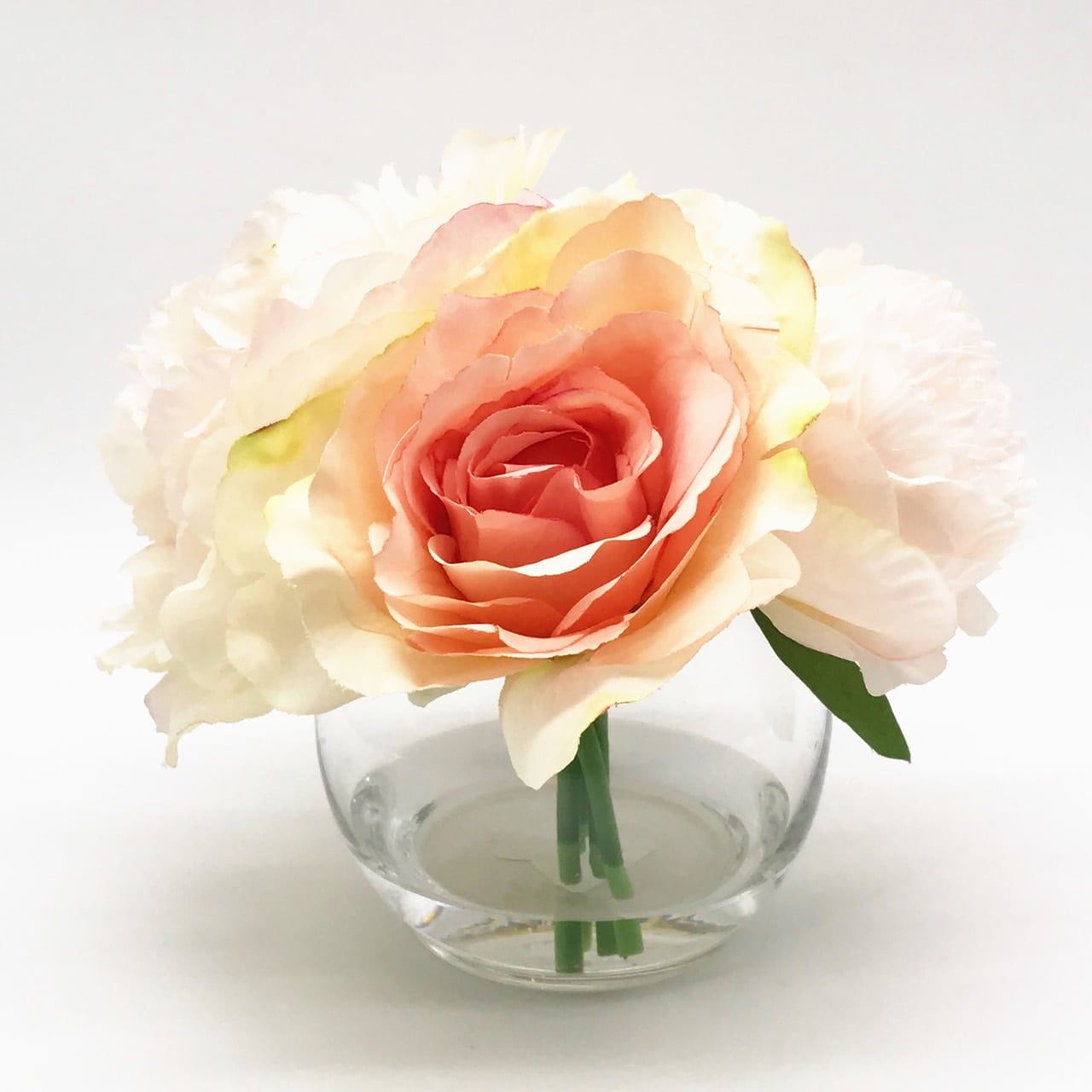 Enova Home Mixed Open Rose and Peony Silk Flower in Clear Glass Vase