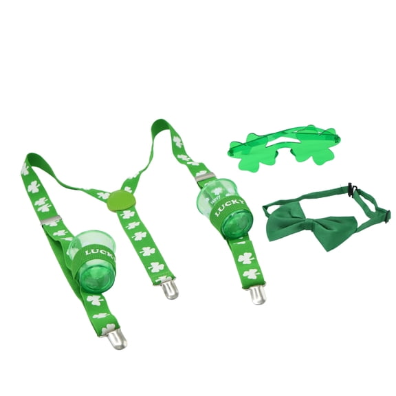 4E's Novelty St. Patrick's Day Glow-in-Dark Suspenders Set W/Shamrock Glasses & Bowtie