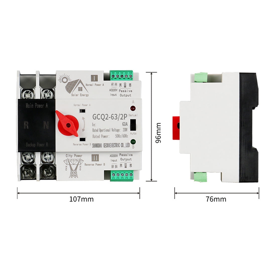 Photovoltaic Solar Power ATS Automatic Transfer Switch Din Rail 2P 63A AC220V ATS PV System Power to City Power