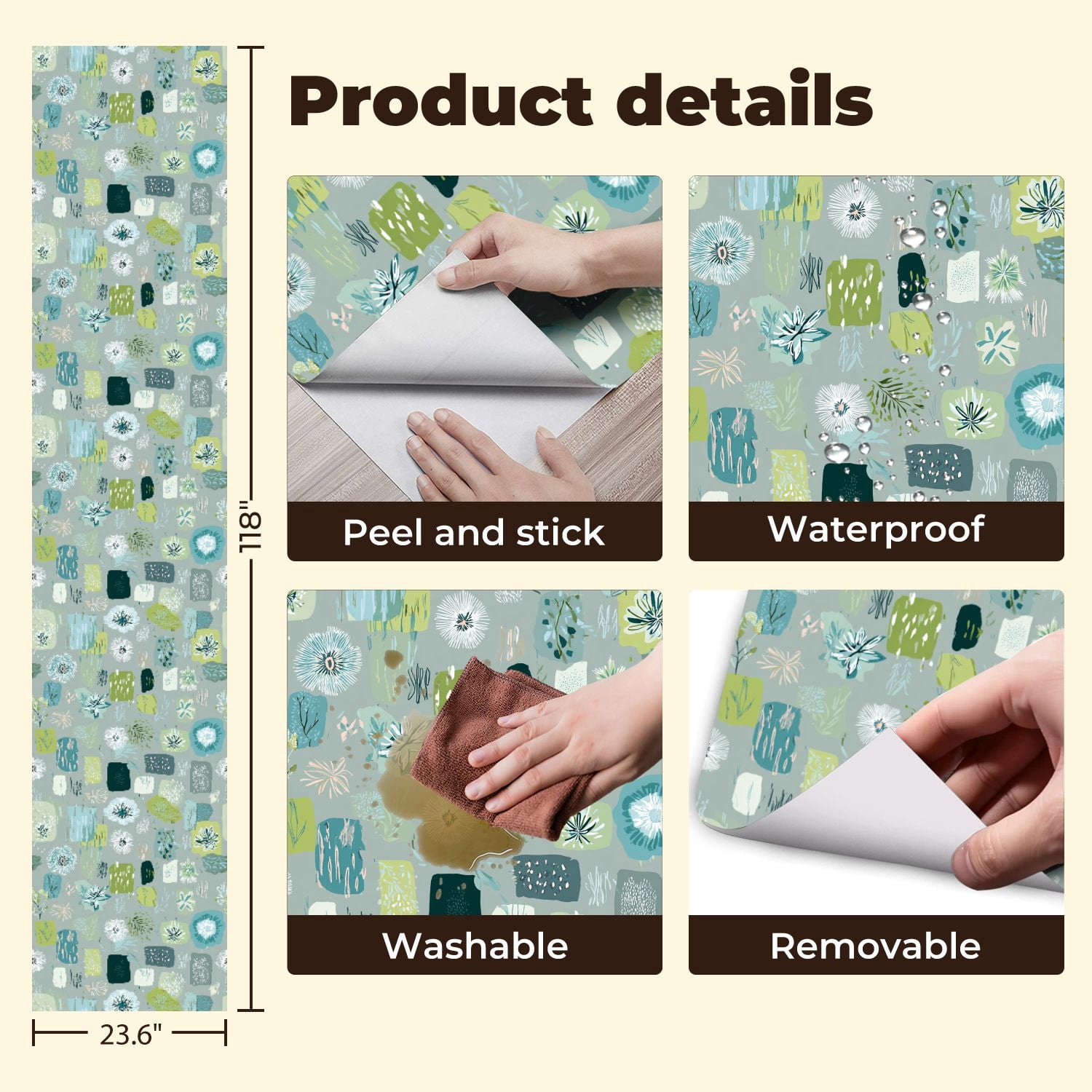 Sage Green Peel and Stick Wallpaper Abstract Botanical Green Blue Floral Elements Wall Mural 23.6in x 9.8ft Self Adhesive Removable Wall Paper Renter Friendly Wallpaper for Girls Bedroom Livingroom