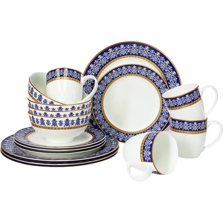 

Ceramic tablewareChina Dinnerware 20PC Set Service for 4 Blue Flora Gold Microwave Safe Elegant Giftware Dish set Essential Home Everyday Living Display decoration Kitchen Dish