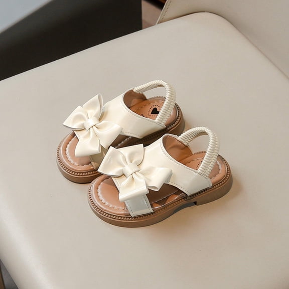 SGFCWSX Girls Flat Sandals Bow Decor Open Toe Elastic Back Strap Soft Sole Casual Summer Sandals for Kids White Size 2.5 Years