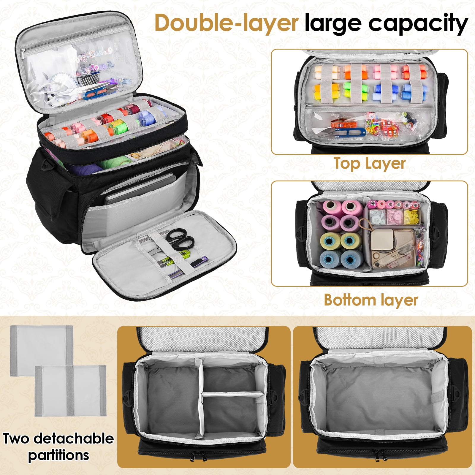Austok Large Sewing Box Double Layer Quilting Supplies Organizer Portable Travel Sewing Box Organizer for Accessories Storage and Tool