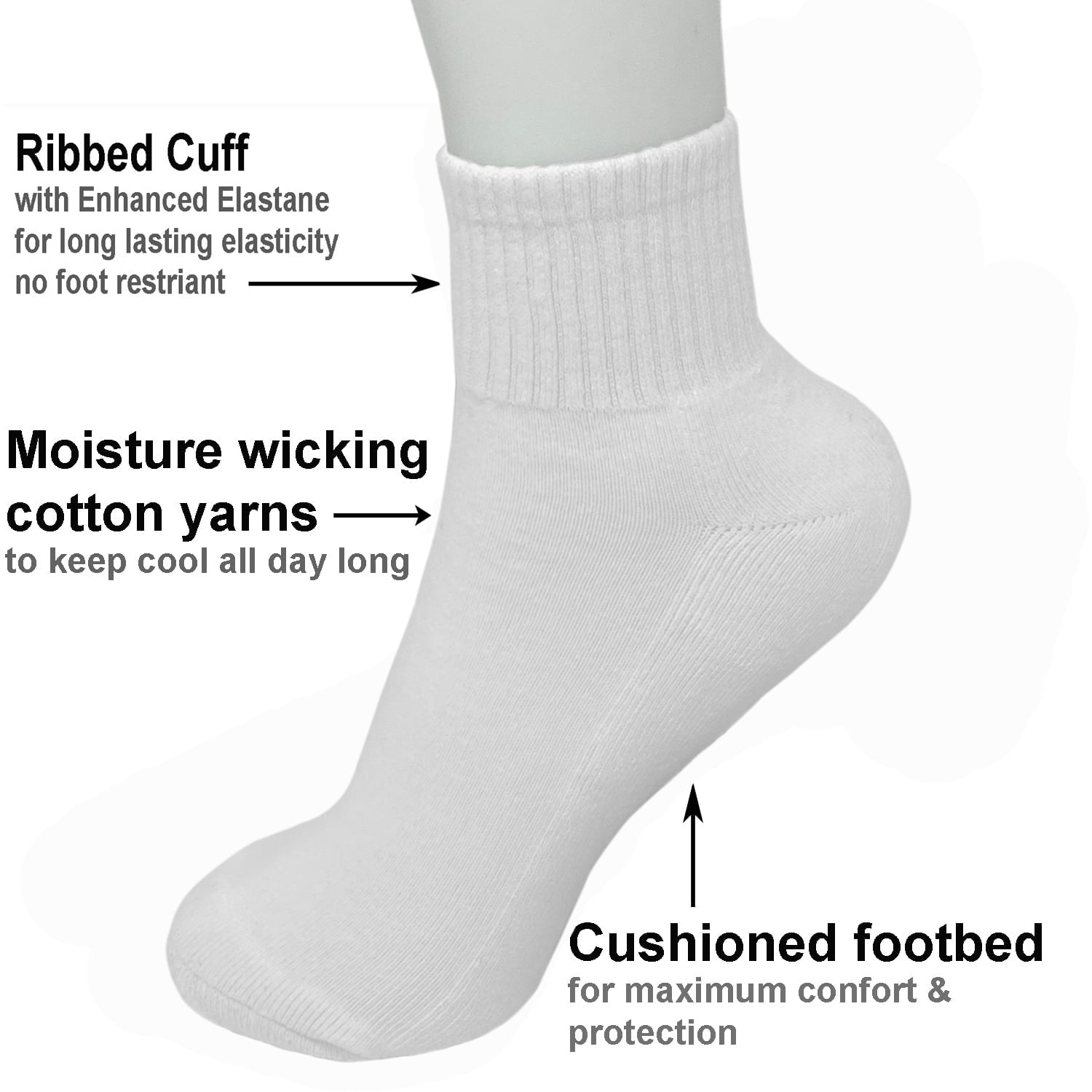 12 Pairs Women's Cotton Solid White Athletic Cushioned Ankle Quarter Socks Size 9-11