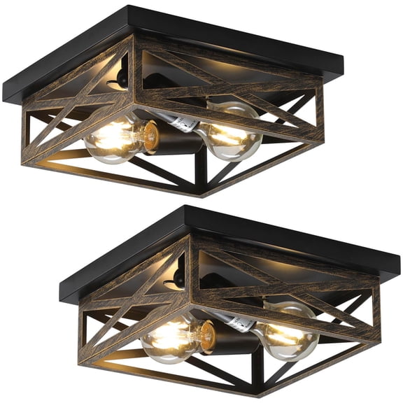 2Pack Rustic Flush Mount Ceiling Light Fixture, Modern Farmhouse Light Fixture, Kitchen Hallway Light Fixtures for Bedroom,Dining Room Entryway,Industrial Metal Cage Ceiling Light