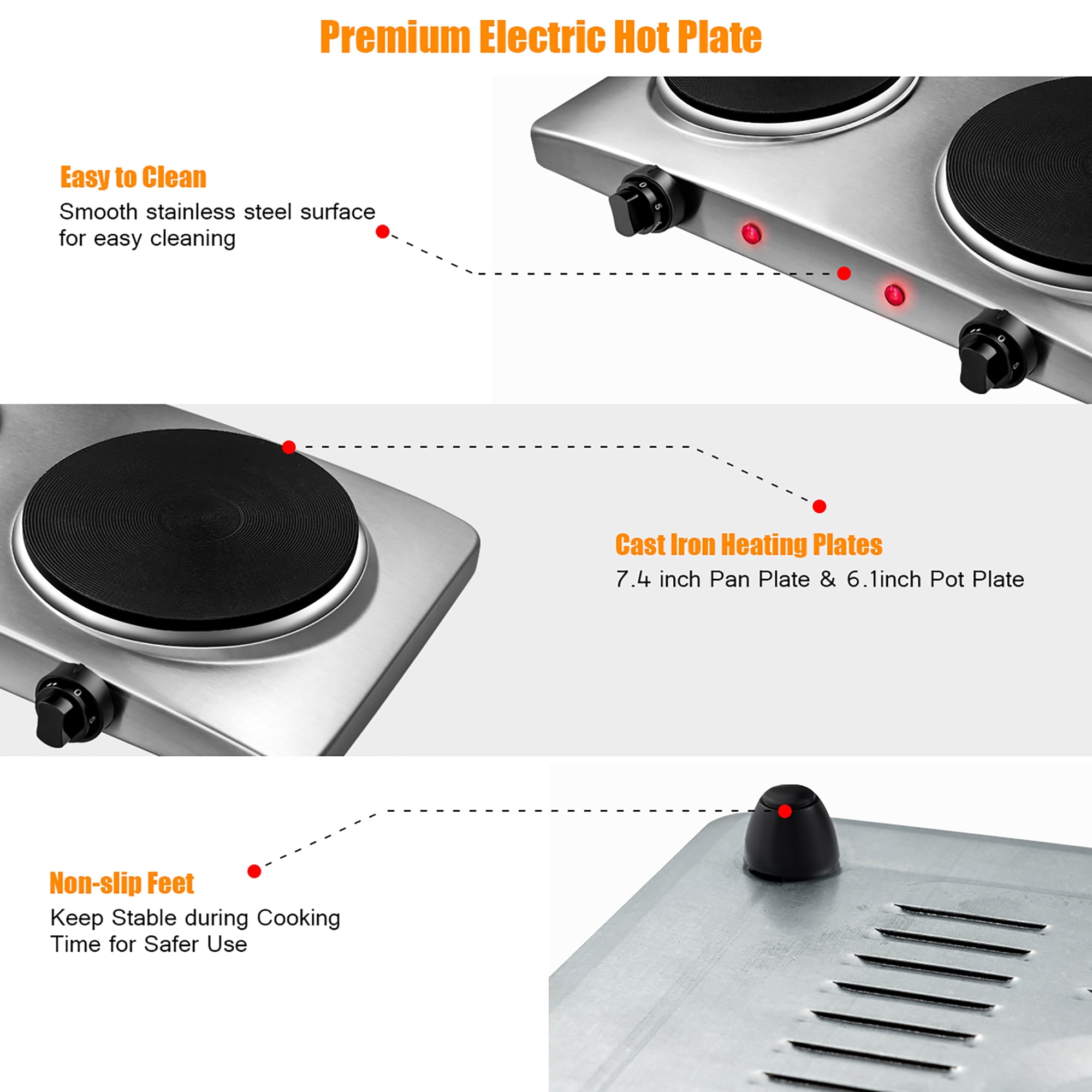 Costway 1800W Double Hot Plate Electric Countertop Burner Stainless Steel 5 Power Levels