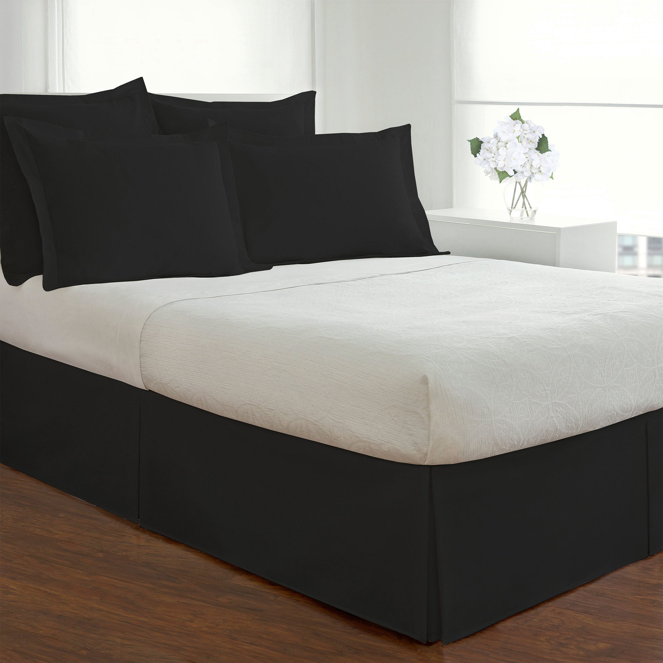 Fresh Ideas Bedding Tailored Bed Skirt, Classic 14” Drop Length, Pleated Styling, King, Black