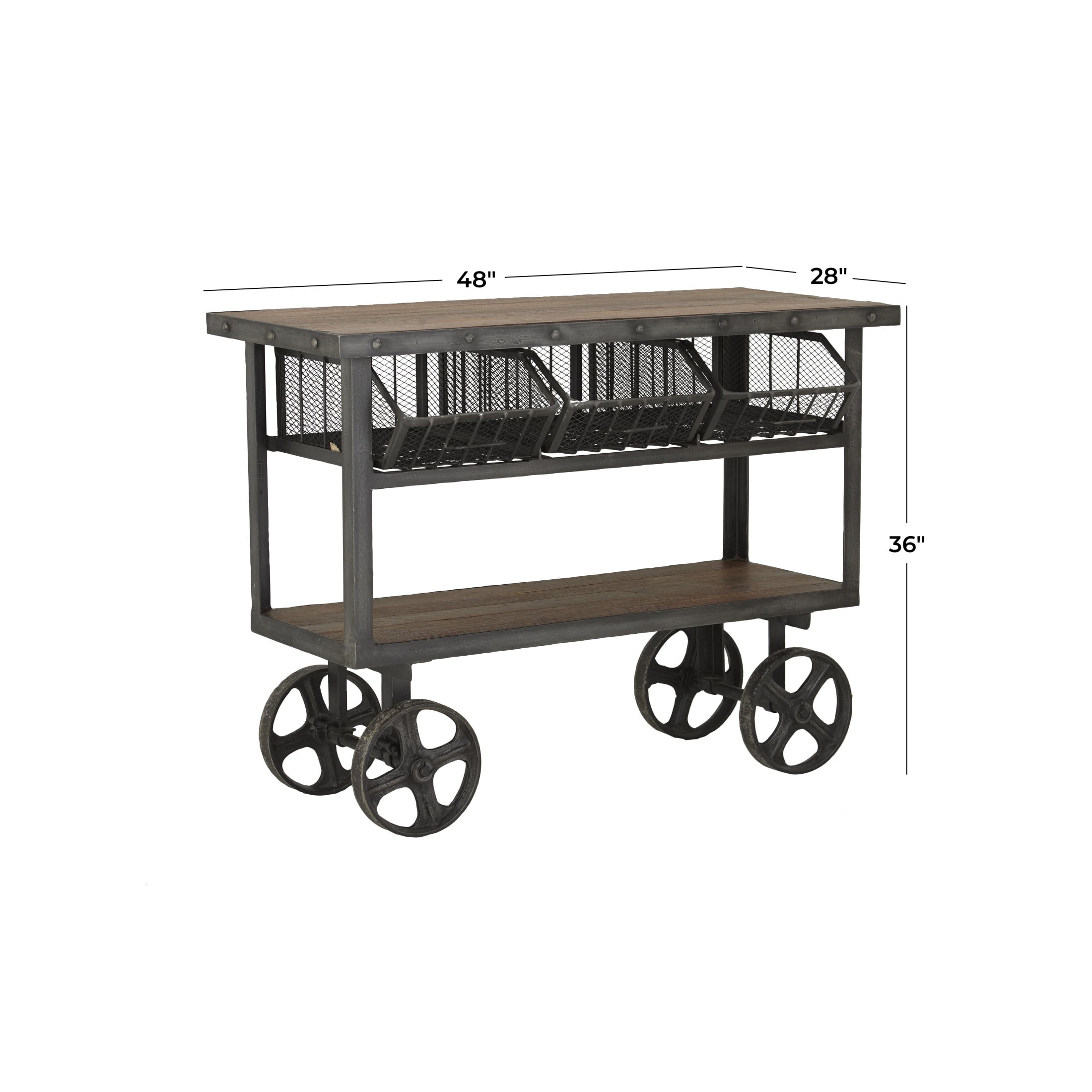DecMode 48" x 36" Black Metal Industrial Rolling Cart 3 Basket Drawer Console Table, 1-Piece